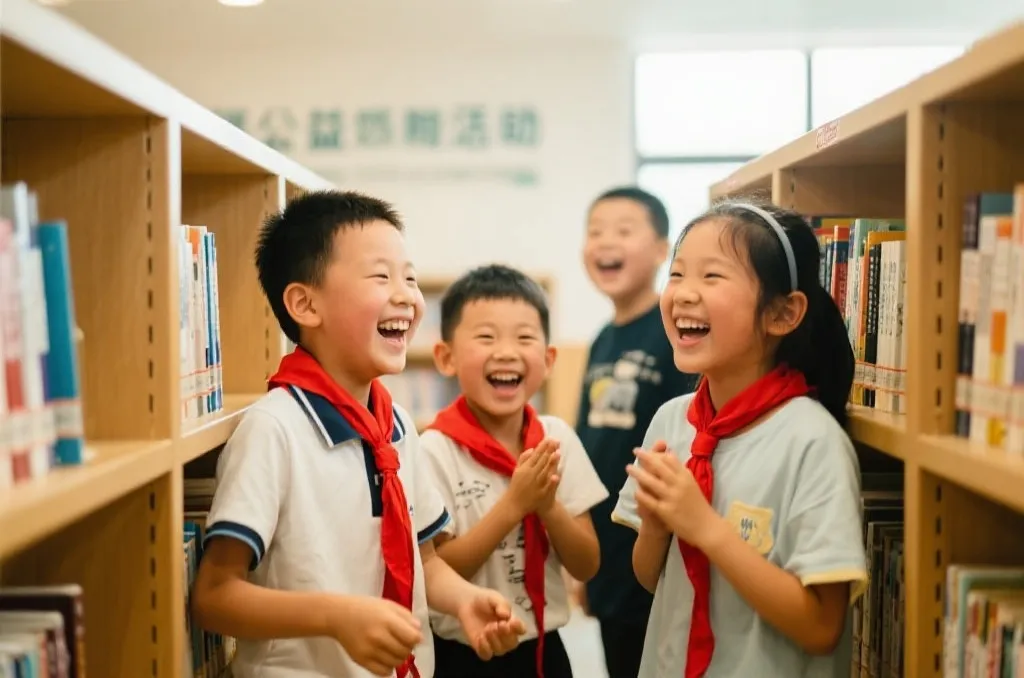 公益项目受益儿童在图书馆里欢笑